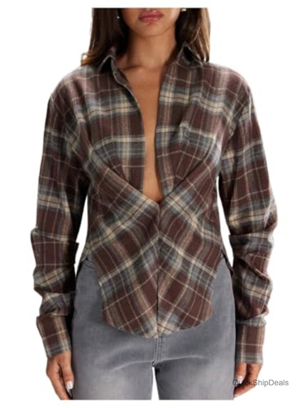 Floerns Women's Plaid Button Down Collared Long Sleeve Shirt Blouse Top